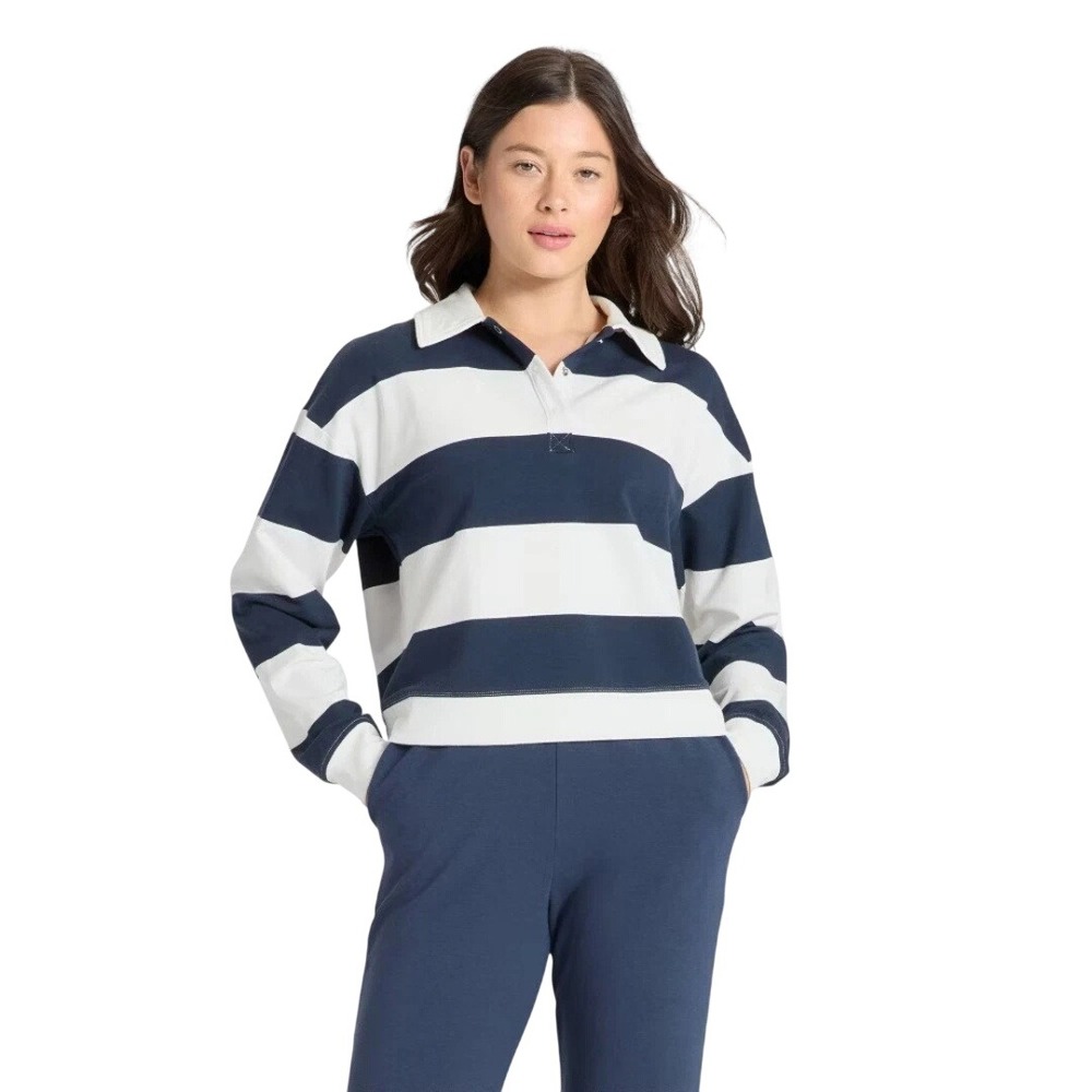 All in Motion Women's Blue Striped Long Sleeve Polo Sweatshirt Size Large